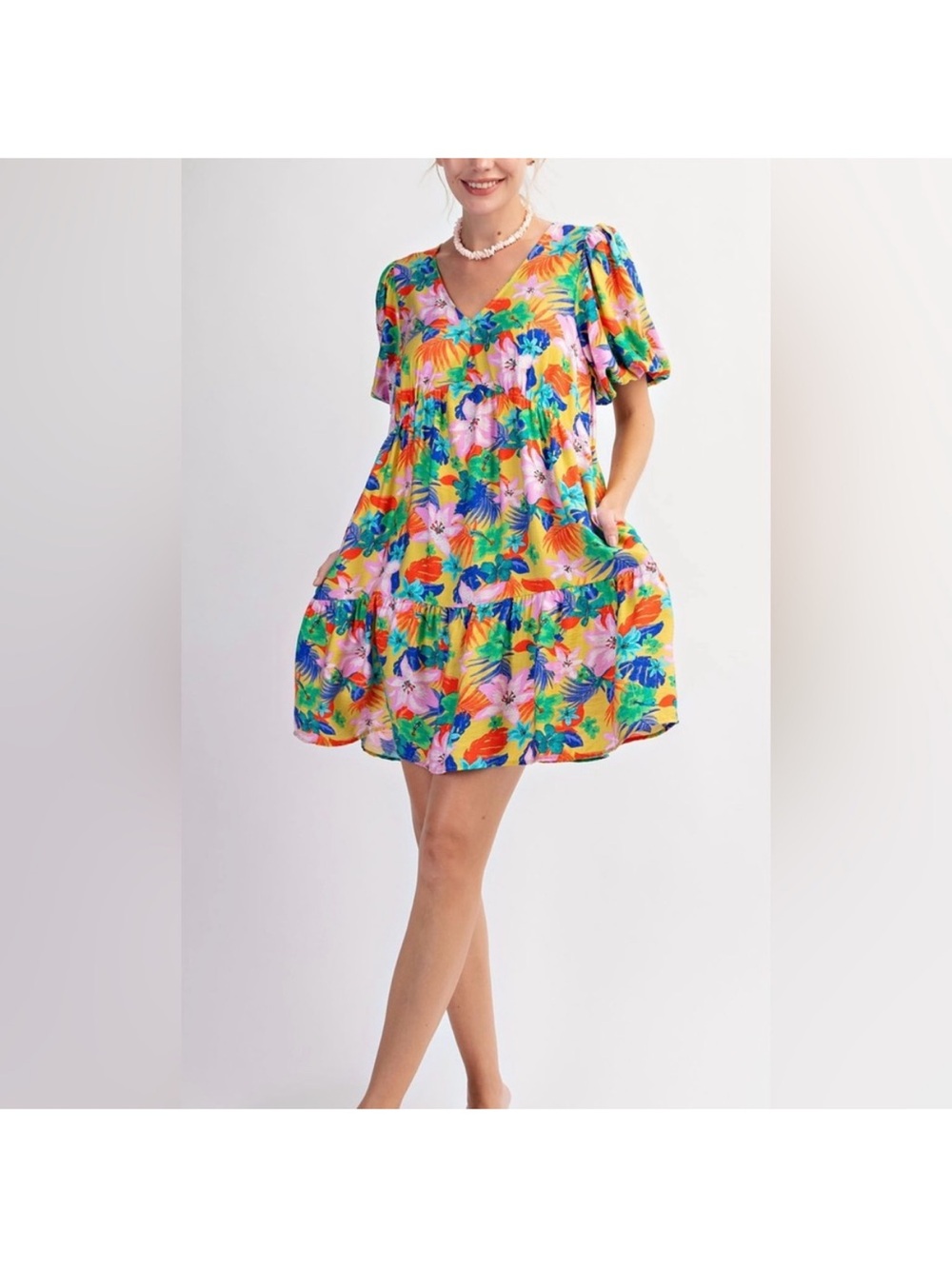 easel Tropical Floral Mini Dress in Yellow Pink Green